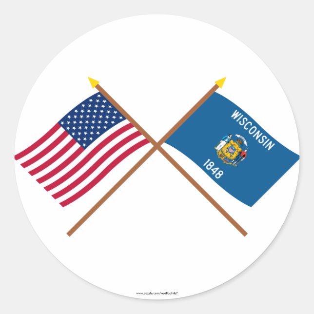 Sticker Rond Drapeaux croisés des États-Unis et du Wisconsin (Devant)