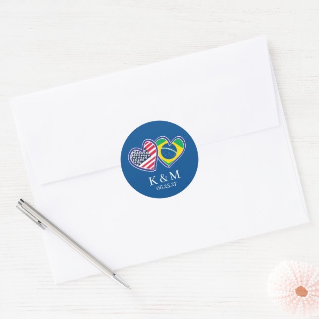 Sticker Rond Drapeaux du cœur américain brésilien (Enveloppe)