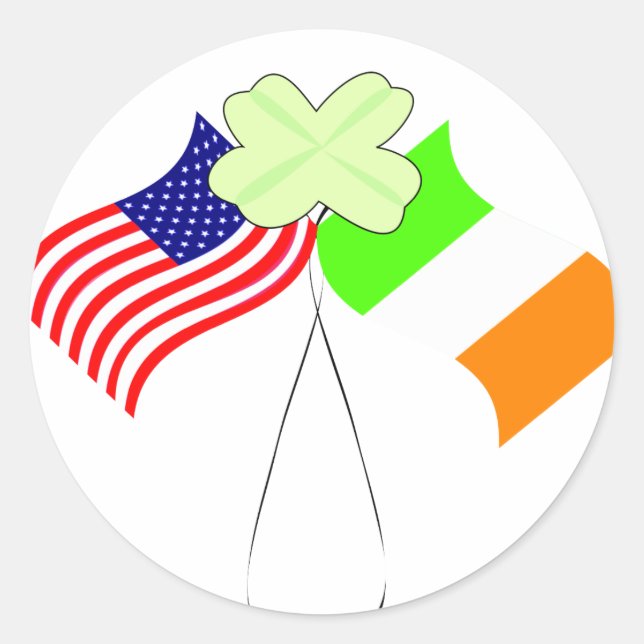 Sticker Rond Drapeaux irlandais américains et Shamrocks KRW (Devant)