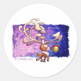 Sticker Rond DREAM BIG CHRISTMAS REINDEER par Jeff Willis Art