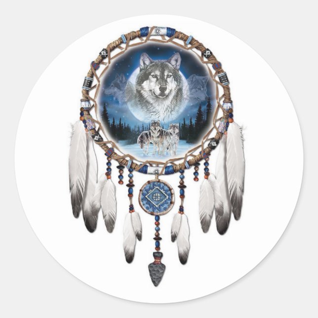 Sticker Rond Dream Catcher avec arrière - plan loup (Devant)