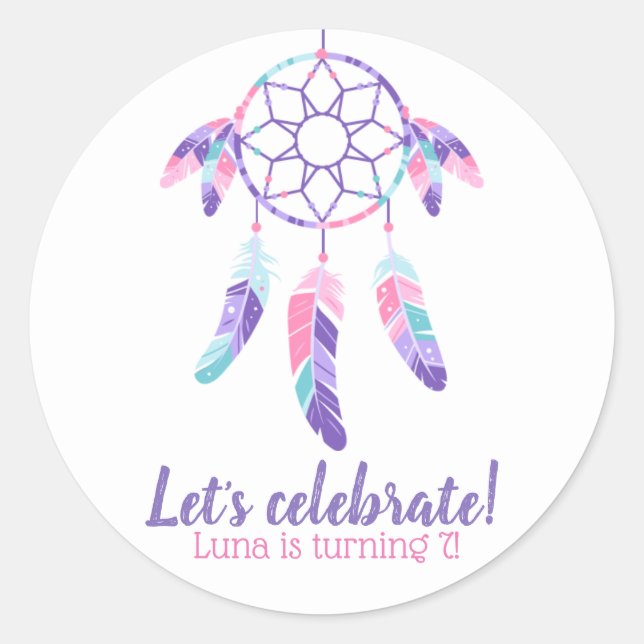 Sticker Rond Dreamcatcher rose violet turquoise parti anniversa (Devant)