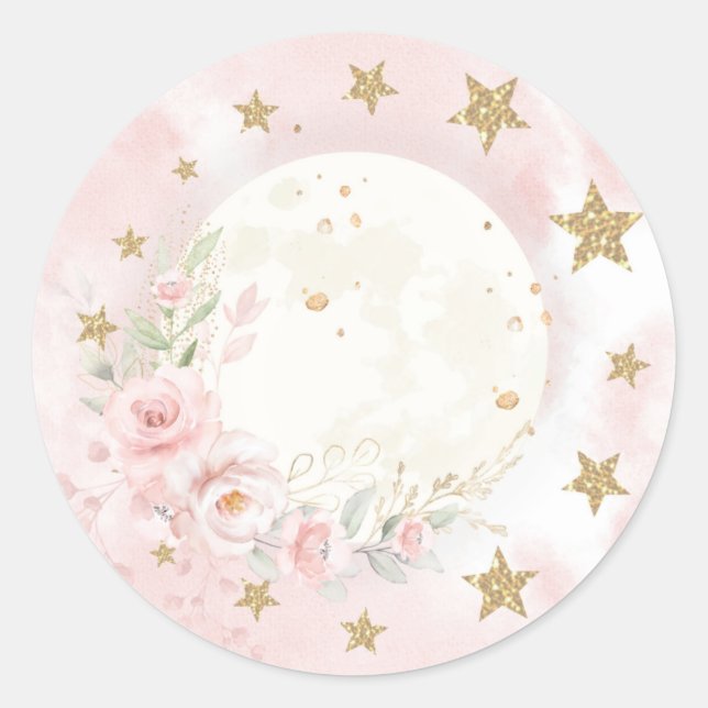 Sticker Rond Dreamy Moon Blush Or Rose Flore Vert Baby (Devant)