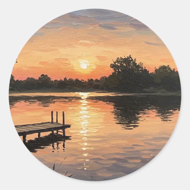 Sticker Rond Dreamy Pink Lake Sunset Dock Moment (Devant)