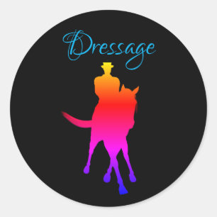 Sticker Rond Dressage Cheval Et Rider Silhouette Arc-En-Ciel