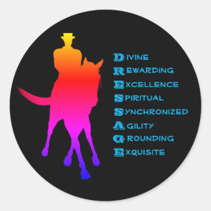 Sticker Rond Dressage Est Cheval Et Rider Arc-En-Ciel