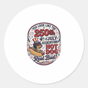 Sticker Rond Drôle 250e 4 juillet Hot Dog Dachshund