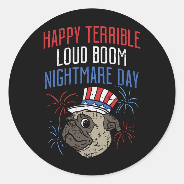 Sticker Rond Drôle 4 juillet Carlin effrayé Feu d'artifice Para (Devant)