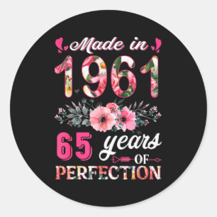 Sticker Rond Drôle 65 Ans Faits En 1961 Floral 65e Anniversaire