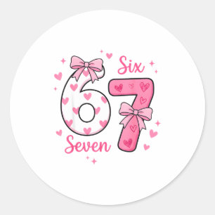 Sticker Rond Drôle 67 Mignon Six Sept Mème Cœurs Roses Arc Vale