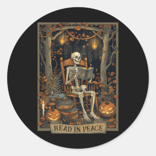 Sticker Rond Drôle à lire en paix Squelette Halloween Lire Bynn