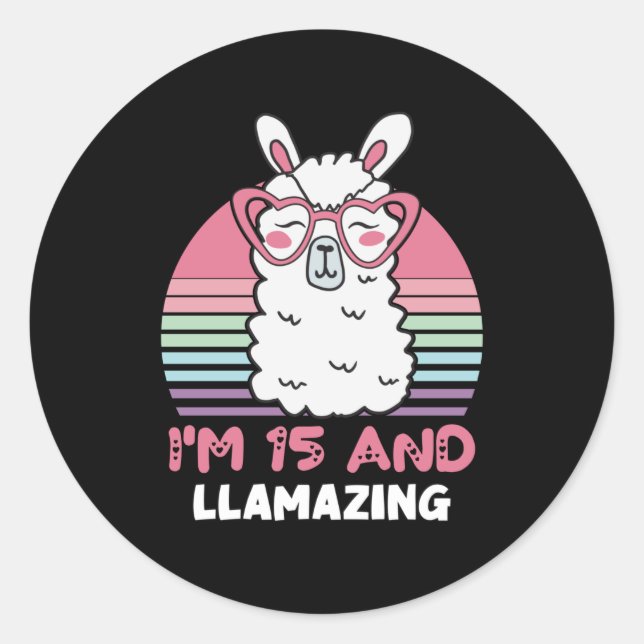 Sticker Rond Drôle Adorable Llama 15e Anniversaire Cadeau Pour  (Devant)