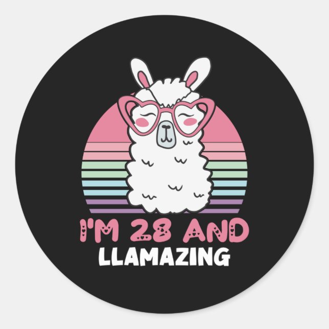Sticker Rond Drôle Adorable Llama Cadeau 28e Anniversaire Pour  (Devant)