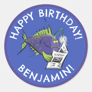 Sticker Rond Drôle angler poisson dessin animé anniversaire per