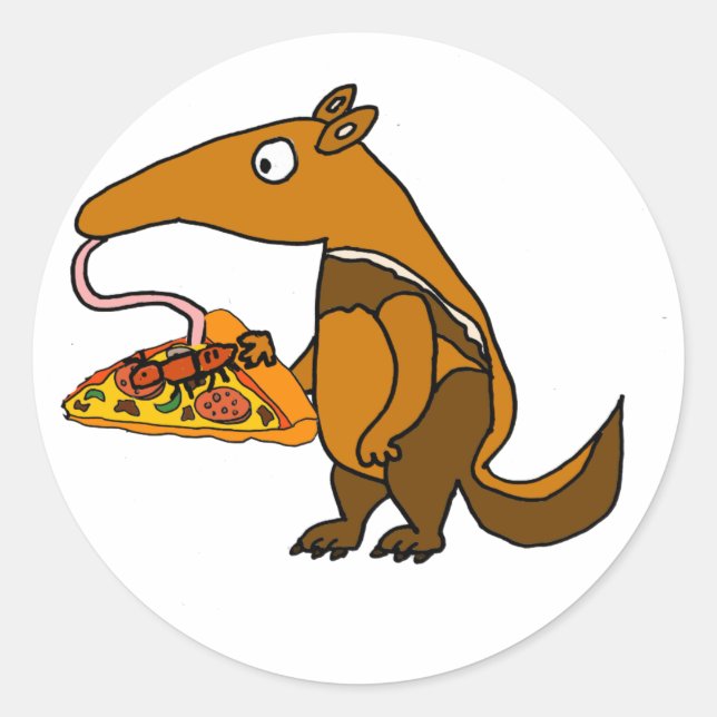 Sticker Rond Drôle Anteater mangeant Pizza Cartoon (Devant)
