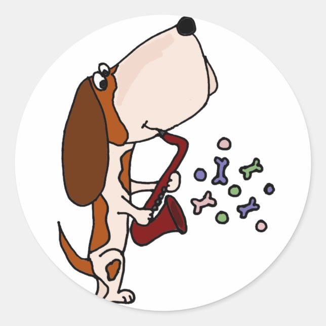 Sticker Rond Drôle Basset Hound Chien Jouant Saxophone (Devant)