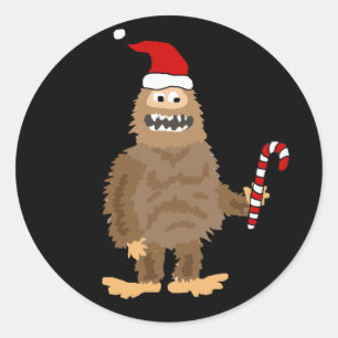 Sticker Rond Drôle Bigfoot dans le chapeau de Noël