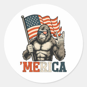 Sticker Rond Drôle Bigfoot Merica Rock Drapeau Usa Patriotique
