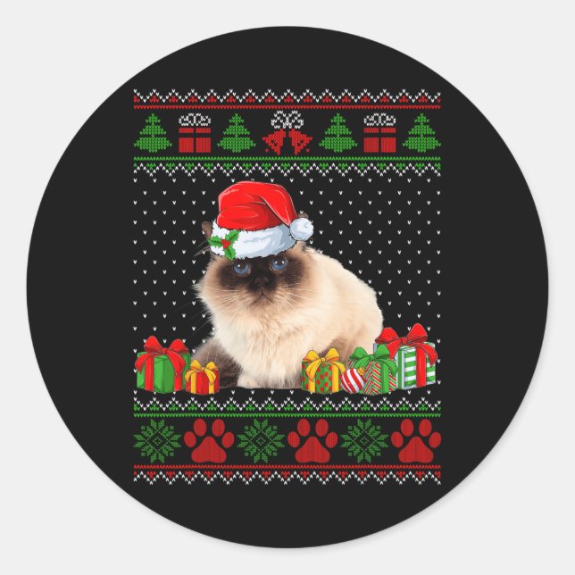 Sticker Rond Drôle Birman Chat Santa Hat Vilain Chandail de Noë (Devant)
