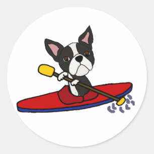 Sticker Rond Drôle Boston Terrier Chien Kayaking Cartoon