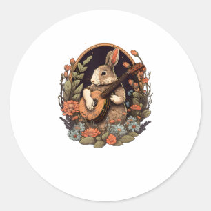Sticker Rond Drôle Bunny Jouer Banjo Guitare Musique Rabbit Hap
