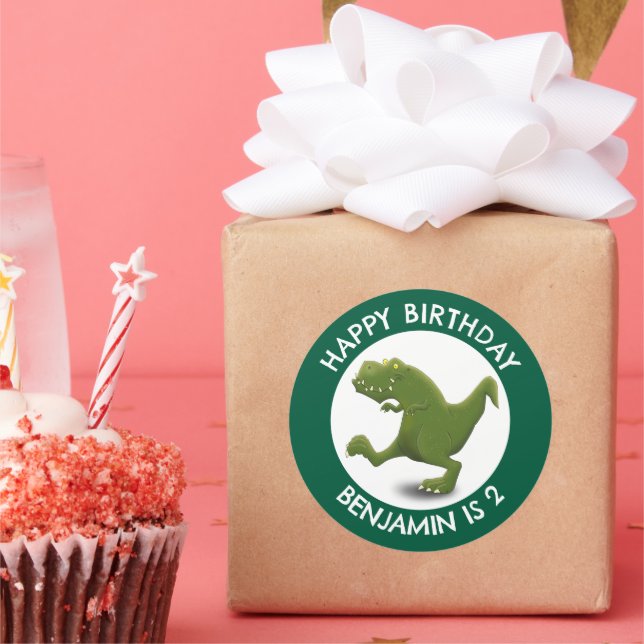 Sticker Rond Drôle caricature de dinosaure vert t rex personnal (Fête)