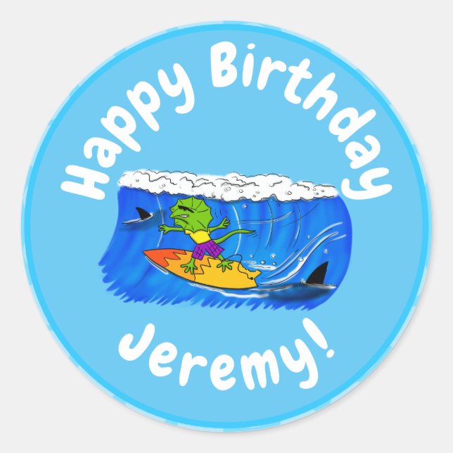 Sticker Rond Drôle caricature de surf de lézard au cou (Devant)