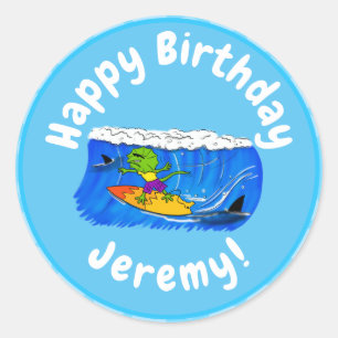 Sticker Rond Drôle caricature de surf de lézard au cou