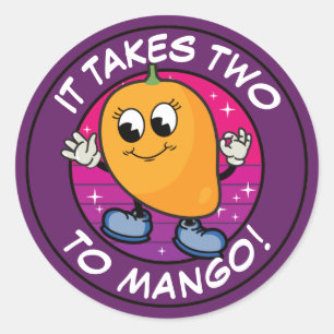 Sticker Rond Drôle Cartoon Mango Pun : Il prend deux à la mangu