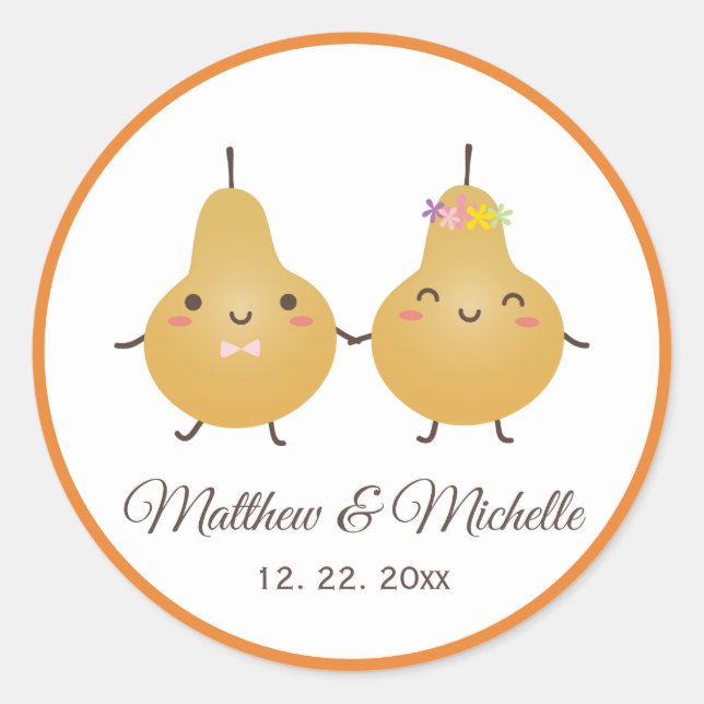 Sticker Rond Drôle Cartoon Parfait Pear Couple Wedding Favorise (Devant)