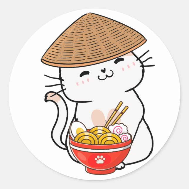 Sticker Rond Drôle chat blanc mange des nouilles (Devant)