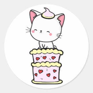 Sticker Rond Drôle chat blanc sautant d'un gâteau
