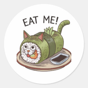 Sticker Rond Drôle Chat en forme de Sushi Roll