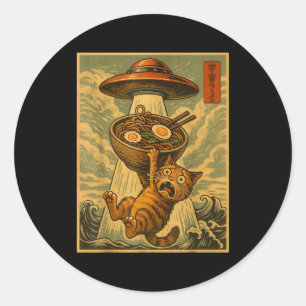 Sticker Rond Drôle Chat Japonais Ramen Ufo Anime Hommes Femmes