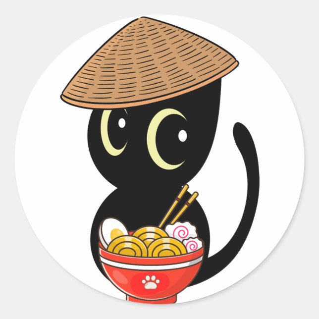 Sticker Rond Drôle chat noir mange des nouilles (Devant)