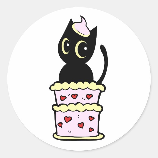 Sticker Rond Drôle chat noir sautant d'un gâteau (Devant)