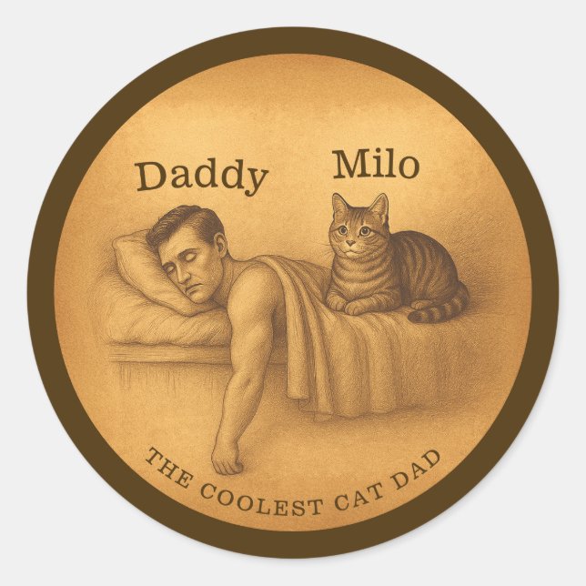 Sticker Rond Drôle Chat Papa Dormir Illustration (Devant)