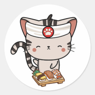 Sticker Rond Drôle chat tabby est un chef sushi