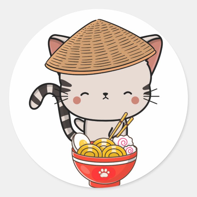 Sticker Rond Drôle chat tabby mange des nouilles (Devant)