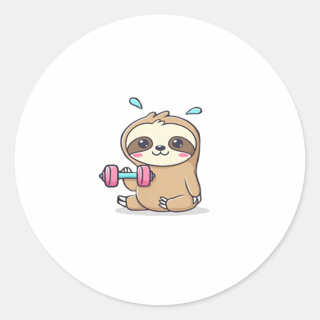 Sticker Rond Drôle Chibi Sloth Workout Cute Kawaii Gym Cartoon (Devant)