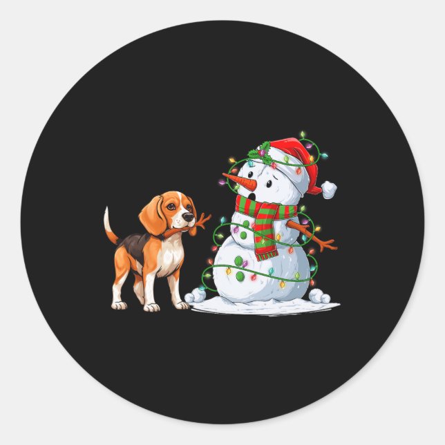 Sticker Rond Drôle chien Beagle Snowman feux de Noël Xma (Devant)