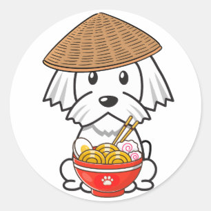 Sticker Rond Drôle chien blanc mange des nouilles