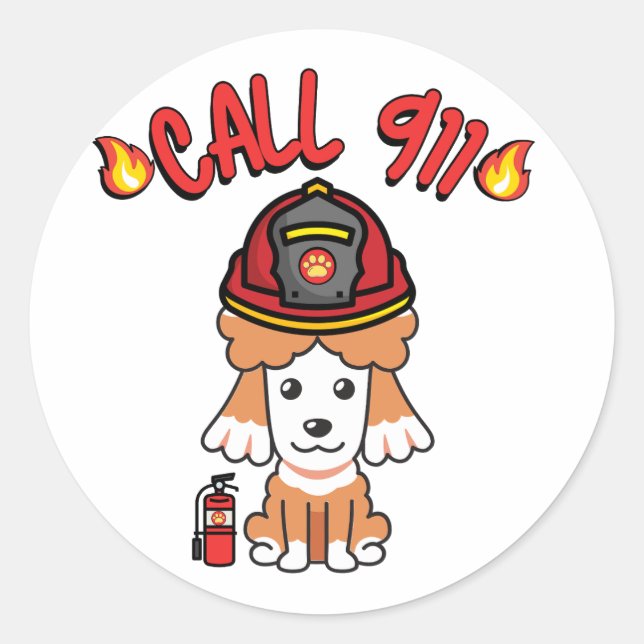 Sticker Rond Drôle chien Brown est pompier (Devant)