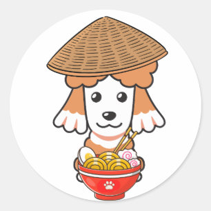 Sticker Rond Drôle chien Brown mange des nouilles