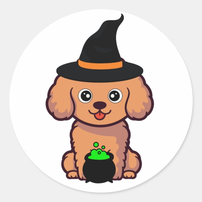 Sticker Rond Drôle chien brun est une sorcière (Devant)