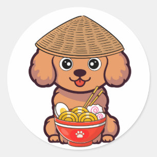 Sticker Rond Drôle chien brun mange des nouilles