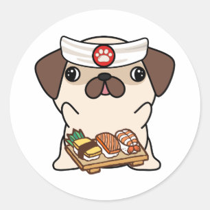Sticker Rond Drôle chien de carlin est un chef sushi