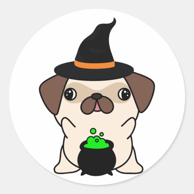 Sticker Rond Drôle chien de carlin est une sorcière (Devant)