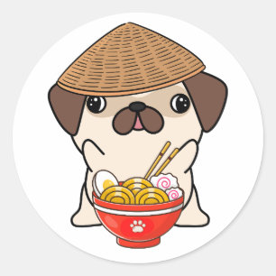 Sticker Rond Drôle chien de carlin mange des nouilles