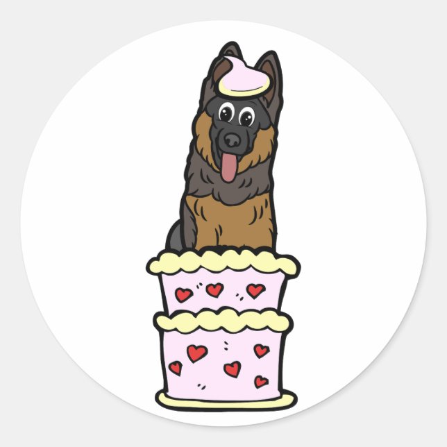 Sticker Rond Drôle chien de garde sautant d'un gâteau (Devant)